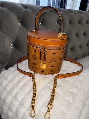MCM Cognac Visetos Round Top Handle Mini Bag with Gold Hardware🔥🔥